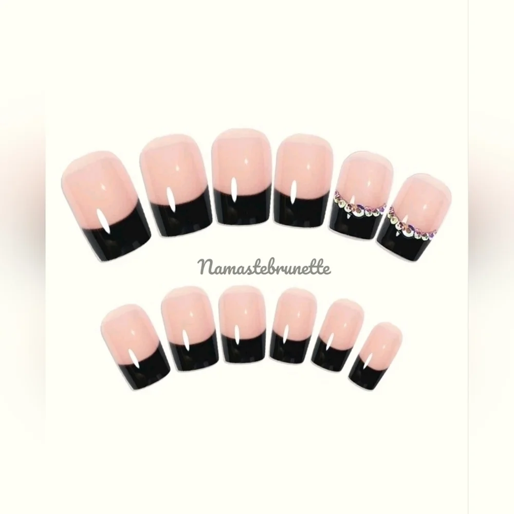 2/$16 Black Rhinestone French Manicure Press On Nails